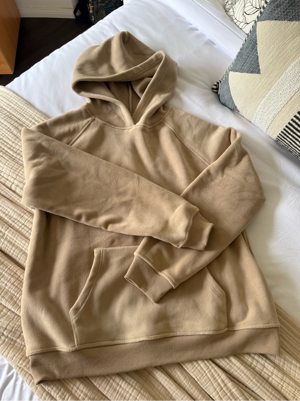 Oversized Fleece Tan Hooded Pullover Sweatshirt - Large